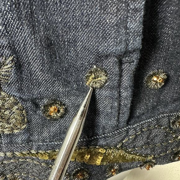 Chicos Embellished Denim Jacket Size 2 Gold Sequin Beaded Jean Western Glam Y2K - Picture 15 of 16